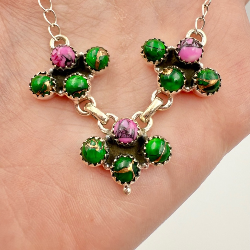 Cherry Blossom Dahlia & Irish Dahlia Turquoise Sterling Silver Lariat Necklace